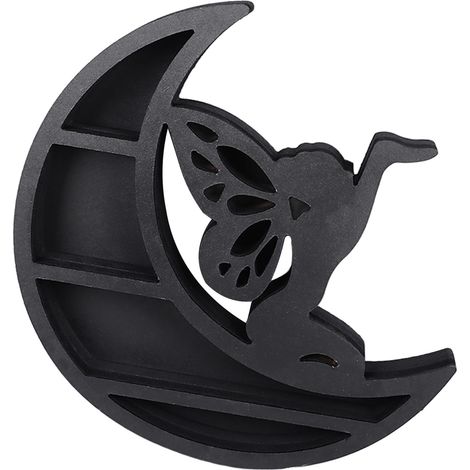 Étagère en bois sculptée à plusieurs niveaux, ornée de cristaux et représentant la fée de la lune, idéale pour la décoration de chambre. Porte-bijoux en cristal sculpté, style féerique. (1/5)