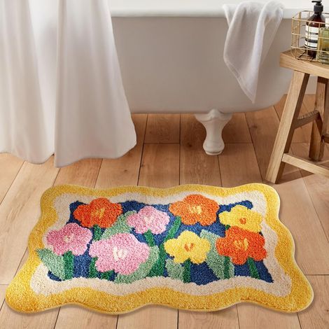 Tapis de bain bohème, poils longs, 40,6 cm x 61 cm, antidérapant, lavable, motif floral coloré, absorbant l'eau, vibrant et moelleux (1/5)
