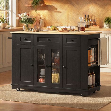 Îlot de cuisine 151,5x60x91,7 cm en MDF noir, gain de place pour cuisine FloraGrace (1/5)