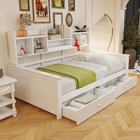 Schlafsofa 90x200 cm mit Schubladen und Regalen, multifunktionales Massivholzbett als Kinderbett und Jugendbett, Einzelbett in Weiß/Grau (1/5)