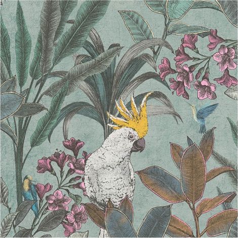 Carta da parati con uccelli Profhome 397482 Carta da parati TNT goffrata a caldo leggermente strutturata con design giungla opaca verde azzurro rosa-fucsia giallo 5,33 m2