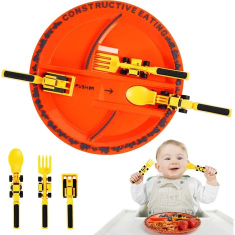 Set de couverts et assiette Bébé Chantier, 4 pièces avec fourchette et cuillère pour enfants, vaisselle garçon fille, kit repas petit, solide et ludique, coloris jaune. (1/5)