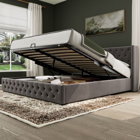 Letto imbottito, a forma di ala, doppia fila di borchie, velluto, cuciture con bottoni in testa e ai piedi, letto matrimoniale 180 x 200 cm, letto funzionale idraulico, base a doghe rivestita in tessu