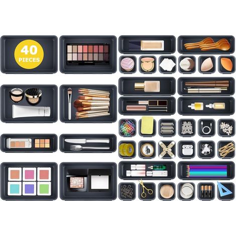 Organisation de tiroirs, boîte de rangement, 40 pièces organisateur de tiroir de cuisine, 3 tailles, réglable, organisateur de tiroir antidérapant pour bureau, salle de bain, bureau, séparation à (1/5)