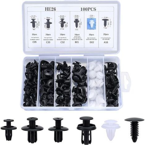 100 Pièces Clips Voiture Universel, 6 Taille Clips de Fixation Voiture Outils, Rivet Plastique, Agrafes Carrosserie pour Pare-Chocs Porte de Voiture Fender Push Kit de Remplacement (1/4)