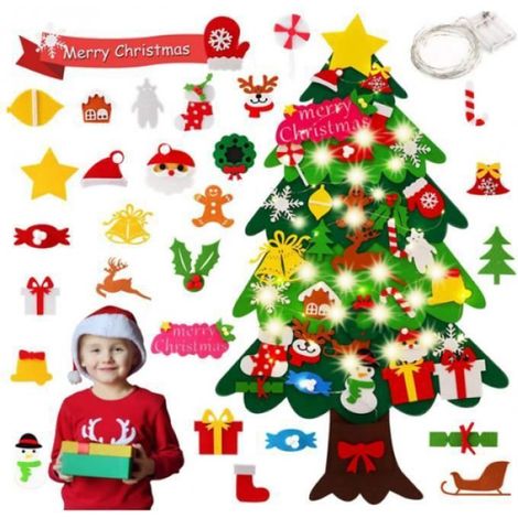 Sapin de Noël en feutrine - - 113 cm - Multicolore - 35 décorations amovibles - LED 30 lampes (1/3)