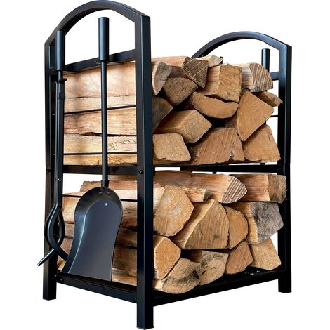 Metall Kaminholzregal 45 x 30 x 74 cm Kaminholzlager Innen mit Schaufel Zange Bürste Schürhaken Besteck (1/5)