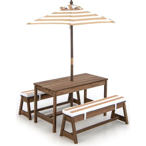 Tavolo da picnic per bambini con ombrello, Set di tavolo e panca in legno con cuscini per attività Marrone (1/4)