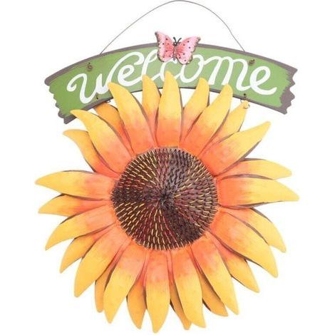 Panneaux de bienvenue de jardin en métal à suspendre, plaque décorative peinte à la main en forme de tournesol pour porte d'entrée (1/4)