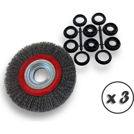Lot de 3 brosses circulaires ACIER  Ø 150 mm  Epaisseur 2 rangs  Fil dur 0.30 mm ondulé  Alésage 32 mm + réducteur bague 25/22/20/16/12 mm  Touret affûteuse ponceuse  Kibros 235152ATx3