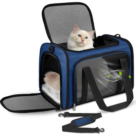 Sac de Transport Chat, Sac Transport Chat Chien avec Matelas Souple, Sac Transport Chien Respirant et Pliable, Caisse de Transport Chat Respirant pour Petit Chien (Bleu foncé, 43x28x28cm) (1/5)