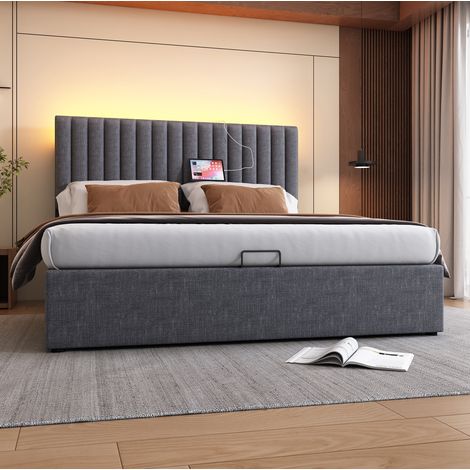Cama doble con almacenamiento LED USB tapizada gris OKMYHOME (1/5)