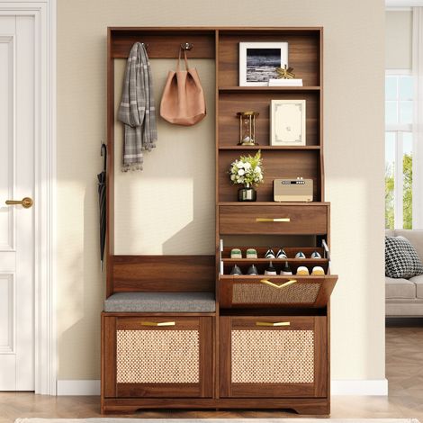 Schuhschrank mit Sitzbank und Stauraum, MDF, Walnussoptik (1/5)