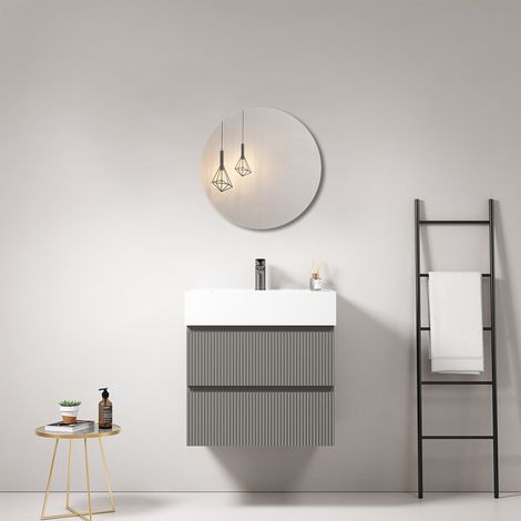Mobile bagno sospeso cannettato 60 cm Grigio Londra Lavabo in Resina Specchio Tondo - Fiji Paint