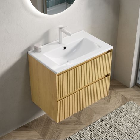 Hängender Badunterschrank 61 cm mit weißem Keramikwaschbecken und 2 Schubladen (1/5)