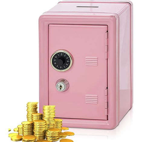 Coffre-fort mini en métal 2 clés H: 18 cm L: 12 cm l: 9,5 cm boîte d’épargne rose (1/5)