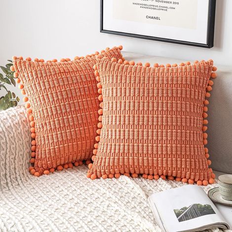 Kissenbezug im Boho-Stil, quadratisch, aus weichem Cord, pfirsichfarben, 45 x 45 cm (1/5)