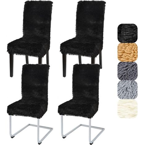 Stuhlhussen 4er Set Hochflor Plüsch für Esszimmerstühle, Universal Stretch, Waschbar, Schwarz (1/5)