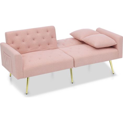 Sofá cama de 2 plazas en tejido teddy rosa con respaldo ajustable en 3 posiciones y 2 cojines (1/5)