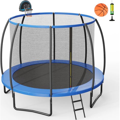 COSTWAY Trampolín al Aire Libre 305 cm, Cama Elástica con Aro de Baloncesto, Red de Protección, Almohadilla de Seguridad y Escalera, Baloncesto y Bomba de Pelotas Incluidos
