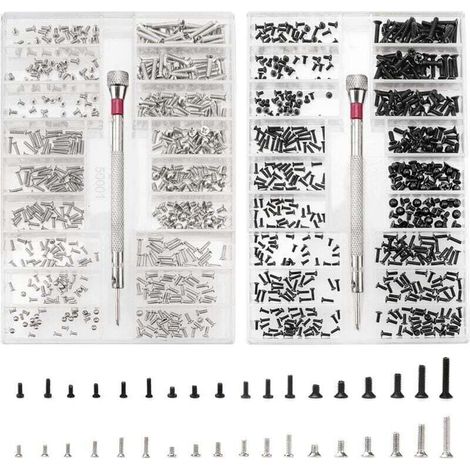 1000 Pièces Kit de Vis de Réparation Minuscule Micro, Kit d'Assortiment de Petites Vis en Acier Inoxydable avec Tournevis, M1.2 M1.4 M2 Micro Vis de Réparation, Argent et noir (1/4)