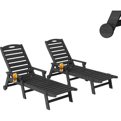 Lot 2 chaises longues extérieur PEHD imitation bois, 198 cm. Résistantes intempéries, roulettes, porte-gobelets. Inclinables 5 positions. Pour jardin et détente estivale. (1/5)