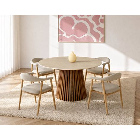 Freya - table à manger ronde effet bois - plateau effet travertin - 6 personnes