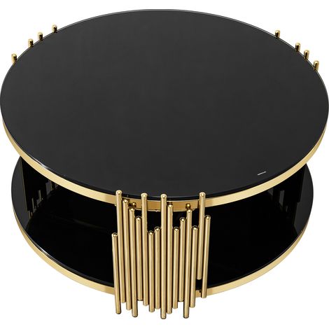 Table basse moderne en verre noir, tables de salon de luxe avec double plateau en verre, table ronde avec base en acier doré, table d’appoint en verre circulaire pour canapé, table centrale pour salon