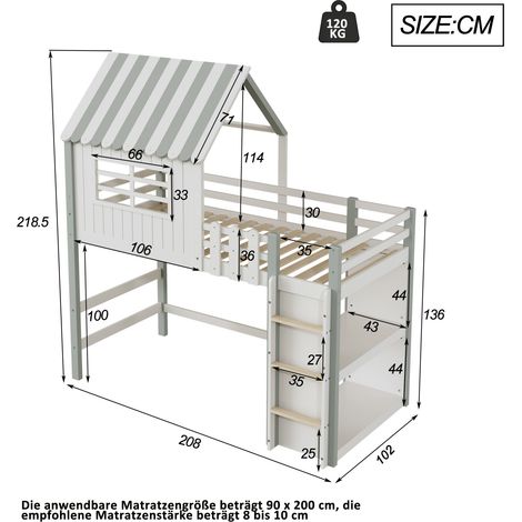 Kinderbett 90x200 cm hoch und niedrig Bett für Jungen und Mädchen Heimbett Dachform mit Sicherheitsleiter mit Ablagefach Multifunktionsbett Massivholzbett mit Lattenrost Grün (1/5)