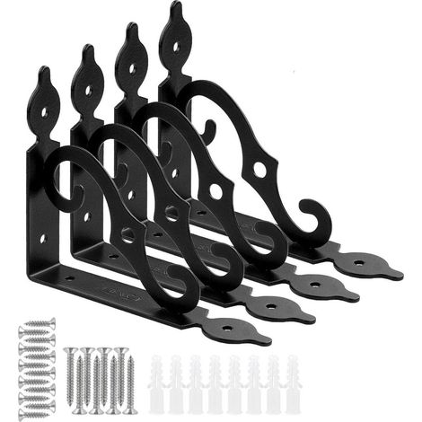 Ensemble de 4 supports d'étagère décoratifs de 12,7 cm (5 pouces) - Métal noir robuste, vis et équerres de fixation murale incluses pour étagères ouvertes et flottantes à faire soi-même.