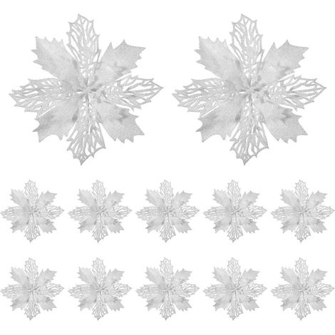 TOYANDONA Lot de 12 fleurs de poinsettia artificielles creuses à paillettes pour Noël, décoration de fête à la maison (blanches)-White (1/3)