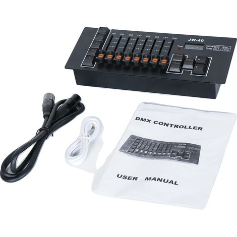 Controlador DMX, 40 canales, funciona con pilas, color negro. (1/2)