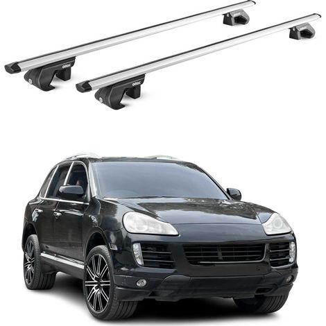 OMAC Barres de toit aluminium certifiées TÜV pour Porsche Cayenne 2003-2018 – Pour rails de toit standards – Rainure en T – Charge max 90 kg – 2 antivols Argent (1/4)