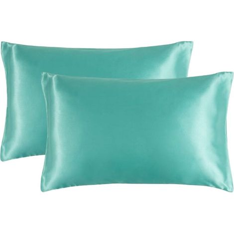 Lot de 2 taies d'oreiller en soie glacée - Bleu turquoise 51 x 66 cm (1/5)