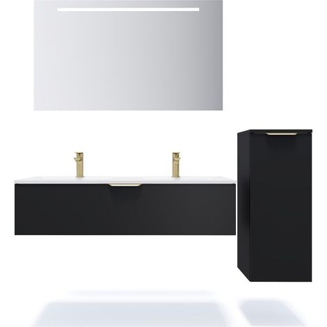 Meuble de salle de bain suspendu double vasque intégrée 120cm 1 tiroir Noir + miroir + colonne ouverture droite - Venice (1/5)
