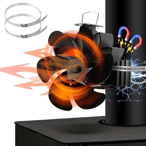 TolleTour Ventola magnetica per tubo stufa a 6 pale, termoelettrica, con 2 fascette di fissaggio e cacciavite, nera (1/5)