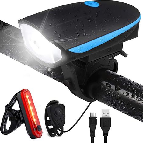 Eclairage Vélo Etanche, Lumière Vélo Arrière 5 Modes et Lampe LED Avant 3 Modes Puissante rechargeable par USB avec Sonnette 120dB (1/5)