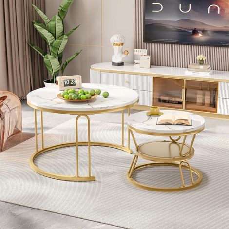2er-Set runde Couchtische im skandinavischen Design – Wohnzimmer, Wohnbereich, Schlafzimmer – Integrierter Stauraum – Weißer Marmor und Gold (1/5)