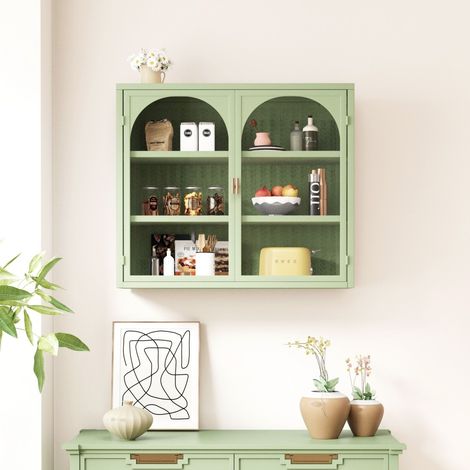 Meuble mural 2 portes vitrées vert motif tressé 70 cm, rangement à 3 niveaux modulable, métal et verre trempé, pour entrée, salon, salle de bain et salle à manger (1/5)