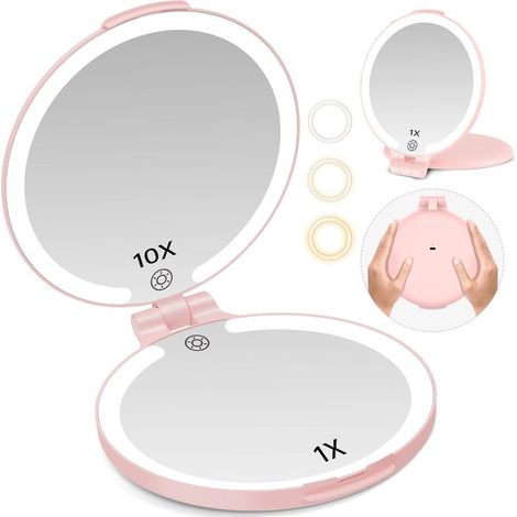 Rechargeable Maquillage Miroir Grossissant Lumineux, Miroir de Cosmétique Portable Voyage Gradation 3 Couleurs, Compact Miroir Coiffeuse Eclairage pour Filles (1/5)