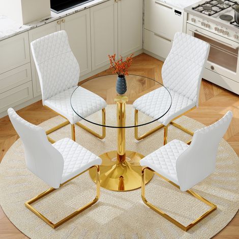 Conjunto de mesa redonda de vidrio templado 85 cm y 4 sillas blancas DESVIAE (1/5)