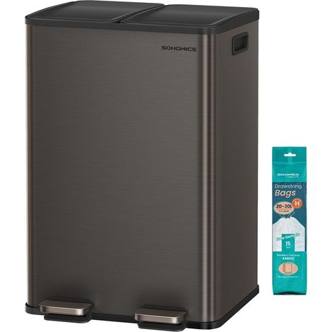 Pattumiera da cucina 2 x 30 litri 2 scomparti pattumiera a pedale coperchio con chiusura ammortizzata con secchi interni acciaio 15 sacchi per la spazzatura inclusi grigio 120007181