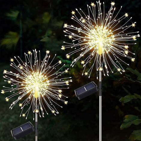 Lot de 2 feux d'artifice solaires 120 LED pour extérieur, 8 modes de feux solaires Firefly pour extérieur étanche en fil de cuivre Starburst (blanc chaud)