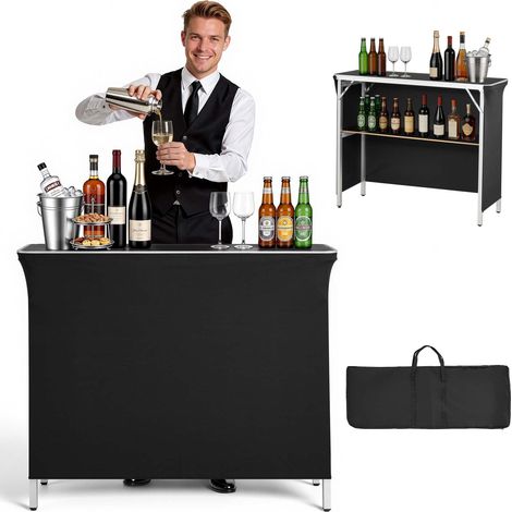 Table de Bar Pliable Portable, 1100x385x885 mm, avec Sac de Transport, Étagère de Rangement et Jupe Amovible, Comptoir de Bar Mobile pour Fêtes, Foires, Événements et Salons Professionnels
