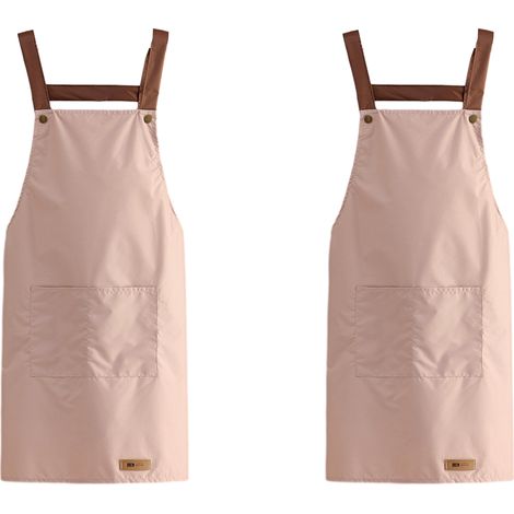 Tablier de cuisine imperméable à bavette ajustable en 2 pièces avec 2 poches, couleur unie (1/5)