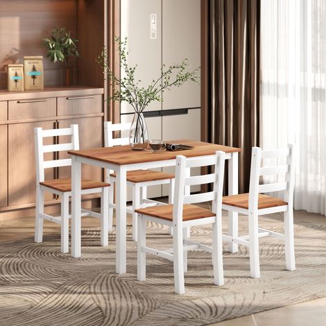 Juego de comedor, mesa de comedor, 4 sillas, conjunto de comedor, madera de pino, marrón y blanco