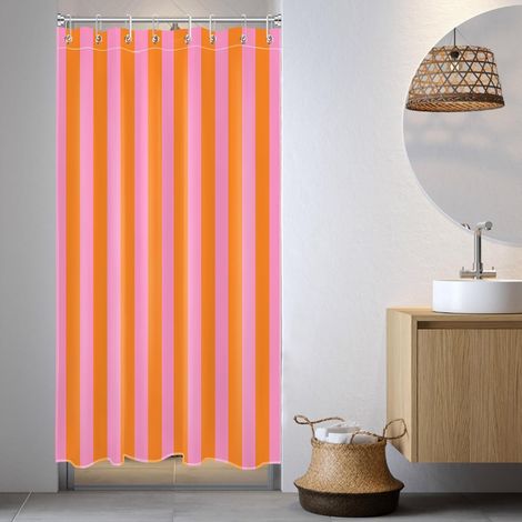 Rideau de douche rose et orange 122 x 172 cm – Rideau de douche abstrait à rayures verticales avec 8 crochets – Rideau de douche minimaliste imperméable pour salle de bain – Décoration pour (1/5)