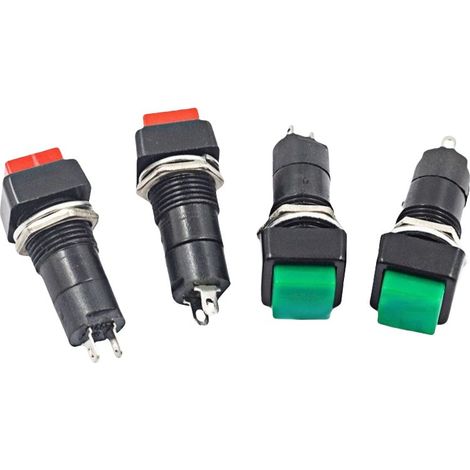 PBS-12 Bouton carré autobloquant et à réarmement automatique, ouverture 12 mm, petit interrupteur à pression par à-coups, rouge et vert. PBS-12A, ensemble de 4 pièces verrouillables bicolores. (1/3)