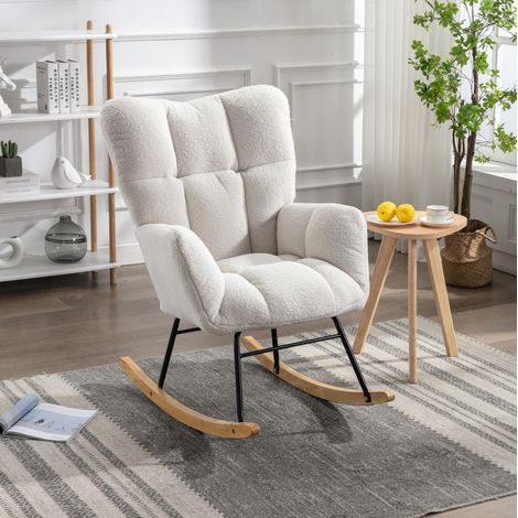 Poltrona a dondolo 80x70x95 cm bianca in Lammfell-Optik con schienale alto imbottito (1/4)