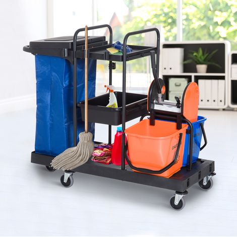 Chariot de nettoyage professionnel avec 4 roues, 2 étagères, seau 18 L, noir, 111 cm, REDOM (1/5)